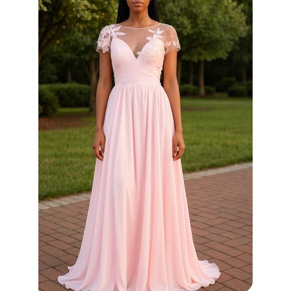 CoCoMelody bridemaid dress Baby pink A-Line Brush-Train Chiffon pearl button NEW - Picture 1 of 16